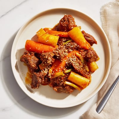 A close-up of shredded Korean Style Pot Roast served over steamed rice, garnished with sesame seeds and scallions.