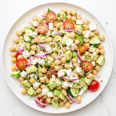 A vibrant Chickpea Feta Avocado Salad with diced cucumber and red onion, drizzled with a zesty lemon dressing in a bowl.