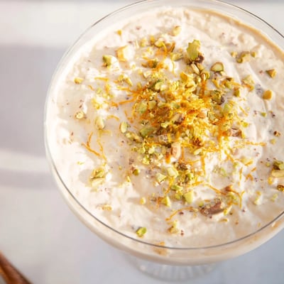 Lebanese Date Orange Blossom Mousse layered with soft dates and a dollop of whipped cream.