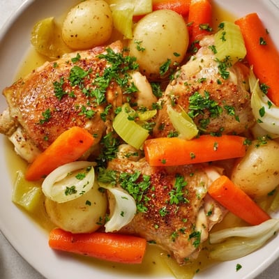 Healthy Savory Slow Cooker Chicken garnished with parsley beside brown rice and steamed greens.