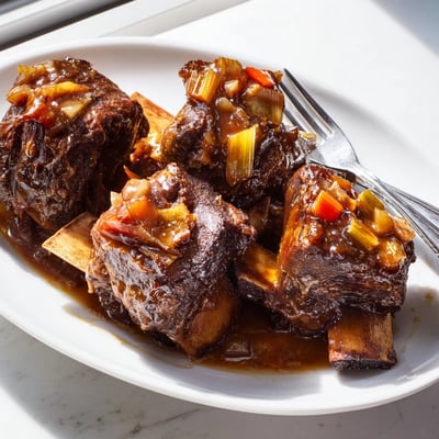 Juicy Maple Bourbon Glazed Short Ribs served over creamy mashed potatoes, garnished with fresh herbs for a cozy meal.