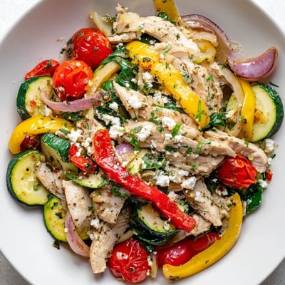 Golden Mediterranean Chicken Stir Fry is served over fluffy quinoa, featuring juicy chicken, spinach, and vibrant cherry tomatoes.  