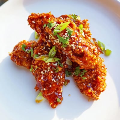 Crispy baked Thai Sticky Chicken Fingers garnished with green onions and sesame seeds close-up.