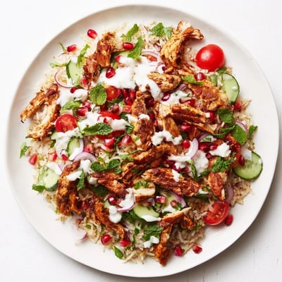 A colorful bowl of Chicken Shawarma Crispy Rice Salad with pomegranate seeds, fresh herbs, and crunchy textures for a vibrant Middle Eastern meal.