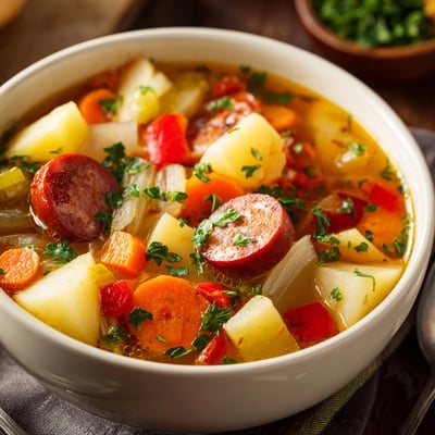 Close-up photo of Spanish Potato Soup with Chorizo highlighting smoky chorizo slices and diced vegetables.