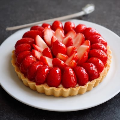 Rustic Tarte aux Fraises on chilled tart pan, ready to slice and serve.